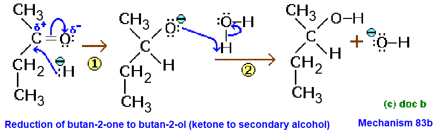 Mechanism of the reduction of butan-2-one to butan-1-ol (a ketone reduced to a secondary alcohol) by a 'hydride ion' derived from the reducing agents  NaBH4 or LiAlH4