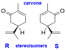 skeletal formula of carvone R/S optical isomers stereoisomers has chiral carbon doc brown's advanced organic chemistry revision notes