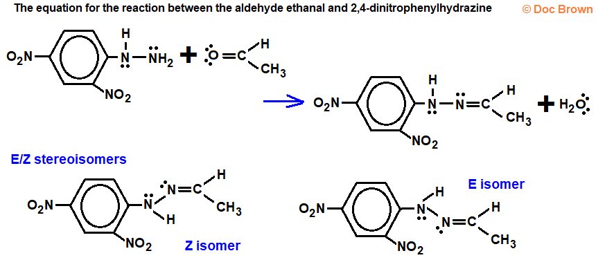 equation for the addition-elimination reaction between 2,4-dinitrophenylhydrazine and ethanal 24DNPH aldehyde advanced organic chemistry revision notes doc brown