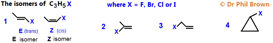 4 constitutional isomers of C3H5F C3H5Cl C3H5Br C3H5I molecular formula skeletal formula constitutional structural formula