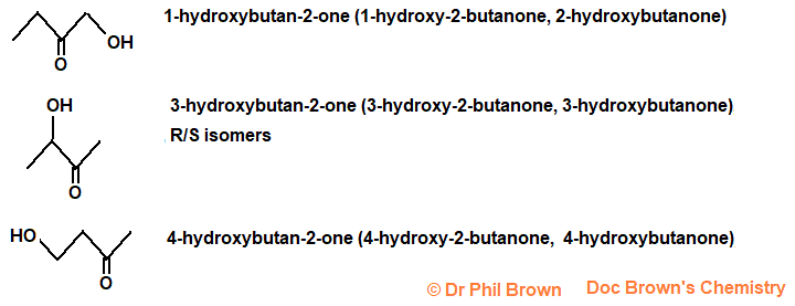 skeletal formula of 1-hydroxybutan-2-one (1-hydroxy-2-butanone, 2-hydroxybutanone), 3-hydroxybutan-2-one (3-hydroxy-2-butanone, 3-hydroxybutanone),  4-hydroxybutan-2-one (4-hydroxy-2-butanone,  4-hydroxybutanone), R/S isomers optical isomerism molecular structure structural molecular formula C4H8O2