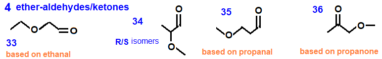 4 ether-aldehydes, ether-ketones, isomers of formula C4H8O2, skeletal formula & names, R/S optical stereoisomers, structural formula