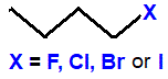 skeletal formula of 1-fluorobutane, 1-chlorobutane, 1-bromobutane, 1-iodobutane isomers haloalkane isomers