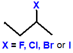 skeletal formula of 2-fluorobutane, 2-chlorobutane, 2-bromobutane, 2-iodobutane isomers haloalkane isomers