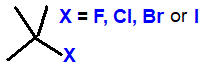 skeleton formula of 2-fluoro-2-methylpropane, 2-chloro-2-methylpropane, 2-bromo-2-methylpropane, 2-iodo-2-methylpropane haloalkane isomers