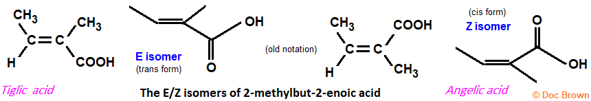 E/Z isomerism (trans/cis) geometric isomers of 2-methylbut-2-enoic acid Tiglic acid Angelic acid 