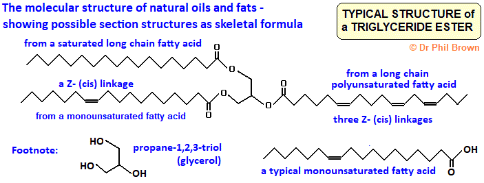 skeletal formula of an unsaturated fat triglyceride ester molecule advanced organic chemistry revision notes