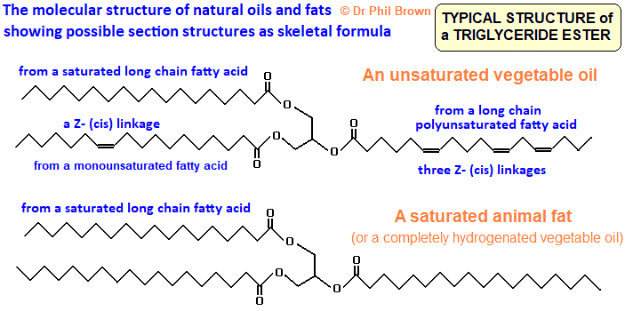 skeletal formula of an unsaturated vegetable oil triglyceride ester molecule saturated animal fat triglyceride molecule advanced organic chemistry revision notes