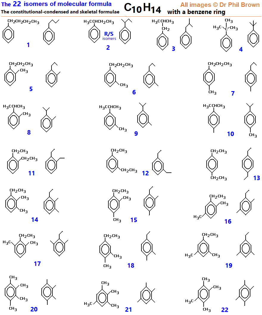 C10H14 isomers aromatic benzene ring condensed structural formula skeletal formula isomer of C10H14