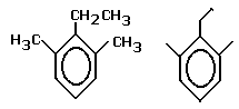 1-ethyl-2,6-dimethylbenzene or 2-ethyl-1,3-dimethylbenzene condensed structural formula skeletal formula isomer of C10H14