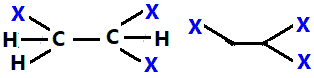 1,1,2-trifluoroethane, 1,1,2-trichloroethane, 1,1,2-tribromoethane, 1,1,2-triiodoethane condensed constitutional structural formula skeletal formula