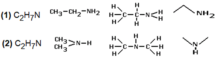 isomers of molecular formula C2H7N structural isomers aliphatic amines primary secondary structural formula skeletal formula isomers of C2H7N