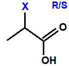 structural skeletal formula 2-fluoropropanoic acid, 2-chloropropanoic acid, 2-bromopropanoic acid, 2-iodopropanoic acid R/S isomers