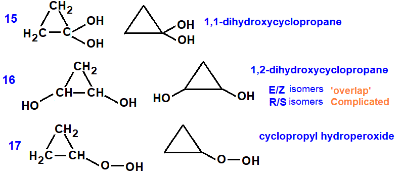 cyclopropane-1,2-diol which are constitutional structural isomers of C3H6O2 structural skeletal formula cyclopropane-1,1-diol, cyclopropylhydroperoxide
