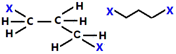 1,3-difluoropropane,  1,3-dichloropropane,  1,3-dibromopropane, 1,3-diiodopropane structural formula skeletal formula