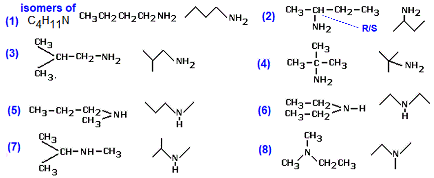 8 constitutional isomers of formula C4H11N, skeletal formula, names, structural formula primary, secondary or teriary amines