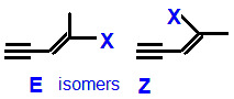 E/Z geometrical isomers 4-fluoropent-3-en-1-yne,  4-chloropent-3-en-1-yne,  4-bromopent-3-en-1-yne,  4-iodopent-3-en-1-yne skeletal formula constitutional structural formuka molecular formula
