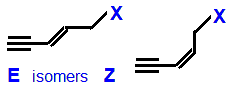 E/Z geometrical isomers 5-fluoropent-3-en-1-yne,  5-chloropent-3-en-1-yne,  5-bromopent-3-en-1-yne,  5-iodopent-3-en-1-yne skeletal formula constitutional structural formuka molecular formula