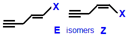E/Z geometrical isomers 1-fluoropent-1-en-4-yne,  1-chloropent-1-en-4-yne,  1-bromopent-1-en-4-yne,  1-iodopent-1-en-4-yne skeletal formula constitutional structural formuka molecular formula