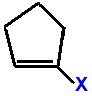 1-fluorocyclopentene,  1-chlorocyclopentene,  1-bromocyclopentene,  1-iodocyclopentene skeletal formula constitutional structural formuka molecular formula  C5H7F, C5H7Cl, C5H7Br, C5H7I 