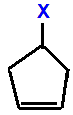4-fluorocyclopentene,  4-chlorocyclopentene,  4-bromocyclopentene,  4-iodocyclopentene skeletal formula constitutional structural formuka molecular formula  C5H7F, C5H7Cl, C5H7Br, C5H7I 