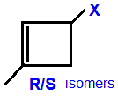 R/S optical isomers 3-fluoro-1-methylcyclobutene,  3-chloro-1-methylcyclobutene,  3-bromo-1-methylcyclobutene,  3-iodo-1-methylcyclobutene skeletal formula constitutional structural formuka molecular formula  C5H7F, C5H7Cl, C5H7Br, C5H7I 