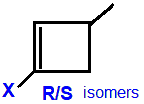 R/S optical isomers 1-fluoro-3-methylcyclobutene,  1-chloro-3-methylcyclobutene,  1-bromo-3-methylcyclobutene,  1-iodo-3-methylcyclobutene skeletal formula constitutional structural formuka molecular formula  C5H7F, C5H7Cl, C5H7Br, C5H7I 