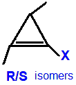 R/S optical isomers 1-fluoro-2,3-dimethylcyclopropene, 1-chloro-2,3-dimethylcyclopropene,  1-bromo-2,3-dimethylcyclopropene,  1-iodo-2,3-dimethylcyclopropene skeletal formula constitutional structural formuka molecular formula C5H7F, C5H7Cl, C5H7Br, C5H7I 