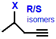 R/S optical isomers 4-fluoropent-1-yne,  4-chloro-pent-1-yne,  4-bromopent-1-yne,  4-iodo-pent-1-yne skeletal formula constitutional structural formuka molecular formula C5H7F, C5H7Cl, C5H7Br, C5H7I 
