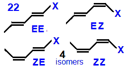 E/Z geometrical isomers 1-fluoropenta-1,3-diene,  1-chloropenta-1,3-diene,  1-bromopenta-1,3-diene,  1-iodoropenta-1,3-diene skeletal formula constitutional structural formuka molecular formula C5H7F, C5H7Cl, C5H7Br, C5H7I isomers