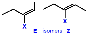 E/Z geometrical isomers 3-fluoropent-2-ene,  3-chloropent-2-ene,  3-bromopent-2-ene,  3-iodopent-2-ene skeletal formula constitutional structural formuka molecular formula