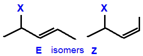 E/Z geometrical isomers 4-fluoropent-2-ene,  4-chloropent-2-ene,  4-bromopent-2-ene,  4-iodopent-2-ene skeletal formula constitutional structural formuka molecular formula