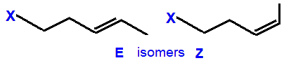E/Z geometrical isomers 5-fluoropent-2-ene,  5-chloropent-2-ene,  5-bromopent-2-ene,  5-iodopent-2-ene skeletal formula constitutional structural formuka molecular formula