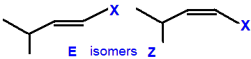 E/Z geometrical isomers 1-fluoro-3-methylbut-1-ene,  1-chloro-3-methylbut-1-ene,  1-bromo-3-methylbut-1-ene,  1-iodo-3-methylbut-1-ene skeletal formula constitutional structural formuka molecular formula