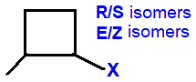 R/S optical E/Z geometrical isomers 1-fluoro-2-methylcyclobutane,  1-chloro-2-methylcyclobutane,  1-bromo-2-methylcyclobutane,  1-iodo-2-methylcyclobutane skeletal formula constitutional structural formuka molecular formula