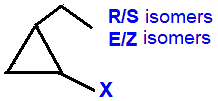 R/S optical E/Z geometrical isomers 1-ethyl-2-fluorocyclopropane,  1-chloro-2-ethylcyclopropane,  1-bromo-2-ethylcyclopropane, 1-ethyl-2-iodocyclopropane skeletal formula constitutional structural formuka molecular formula