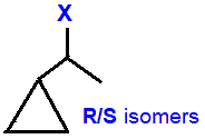 R/S optical isomers (1-fluoroethyl)cyclopropane,  (1-chloroethyl)cyclopropane,  (1-bromoethyl)cyclopropane,  (1-iodoethyl)cyclopropane skeletal formula constitutional structural formuka molecular formula