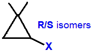 R/S optical isomers 1-fluoro-2,2-dimethylcyclopropane,  1-chloro-2,2-dimethylcyclopropane,  1-bromo-2,2-dimethylcyclopropane,  1-iodo-2,2-dimethylcyclopropane skeletal formula constitutional structural formuka molecular formula