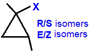 R/S optical E/Z geometrical isomers 1-fluoro-1,2-dimethylcyclopropane,  1-chloro-1,2-dimethylcyclopropane,  1-bromo-1,2-dimethylcyclopropane,  1-iodo-1,2-dimethylcyclopropane skeletal formula constitutional structural formuka molecular formula