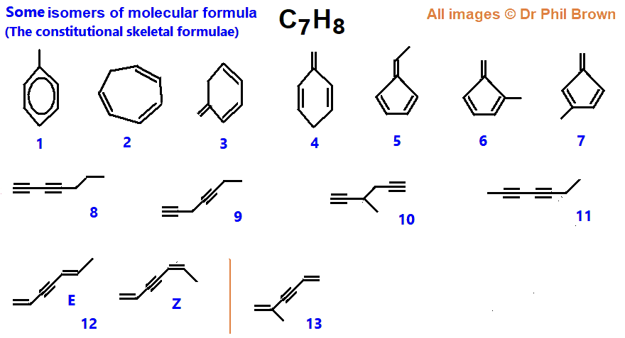Examples of constitutional isomers of C7H8 molecular mass 92 constitutional structural formula of C7H8 alkynes alkenes open chain and C7H8 cyclic compounds