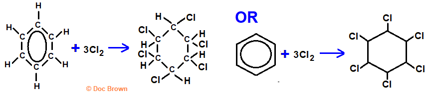 diagram uv catalysed free radical addition of chlorine to benzene giving 1,2,3,4,5,6-hexachlorocyclohexane