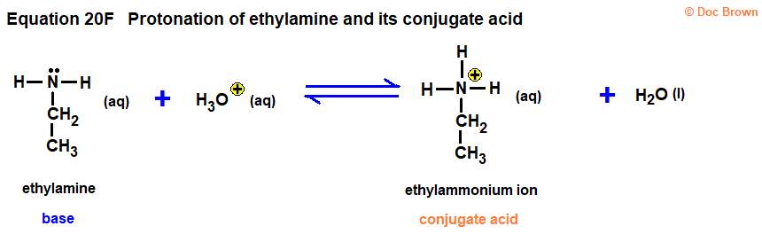 protonation of base primary aliphatic amine ethylamine in water diagram balanced equation of formation of conjugate acid ethylammonium ion cation