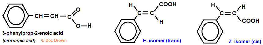 molecular structure of 3-phenylprop-2-enoic acid, cinnamic acid structural isomer of C9H8O2, C6H5-CH=CH-COOH E/Z isomers cis/trans geometric isomers