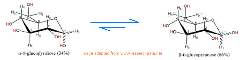 d-glucose equilibrium formed between alpha α-D-glucopyranose and beta β-D-glucopyranose molecular structures