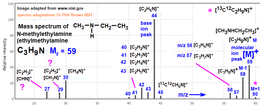 mass spectrum of N-methylethanamine (ethylmethylamine) C3H9N CH3NHCH2CH3 fragmentation pattern of m/z m/e ions for analysis and identification of N-methylethylamine image diagram doc brown's advanced organic chemistry revision notes